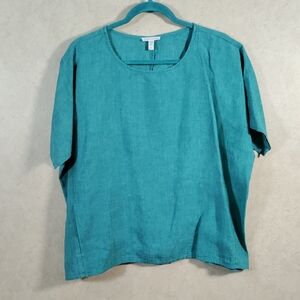 03582 Eileen Fisher green organic linen boxy short sleeve blouse M